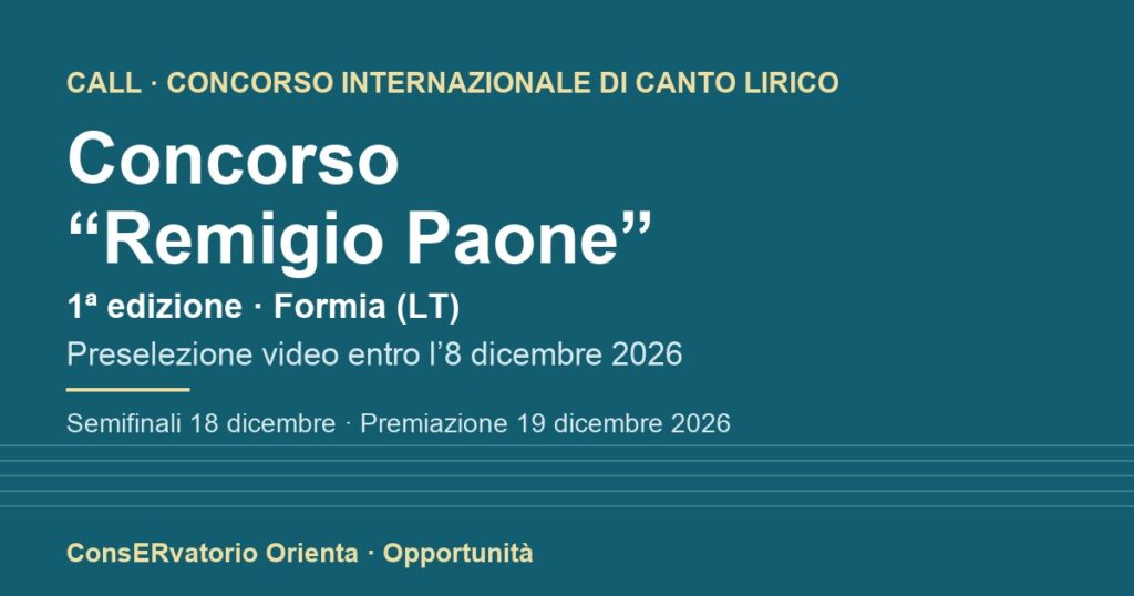 Concorso "Remigio Paone", 1ª edizione, Formia: preselezione video entro l'8 dicembre 2026, semifinali il 18 dicembre e premiazione il 19 dicembre 2026