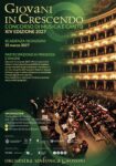 Locandina del concorso di musica e canto "Giovani in Crescendo 2027", XIV edizione: scadenza iscrizioni 25 marzo 2027; in presenza al Teatro Rossini di Pesaro il 14, 15 e 16 aprile 2027 oppure online